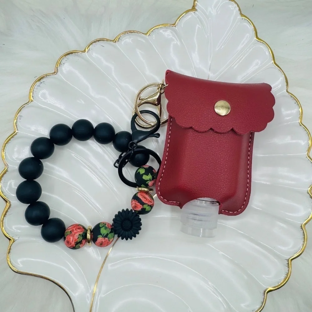 Floral Beaded Bracelet Keychain w/ Portable sanitizer Keychain